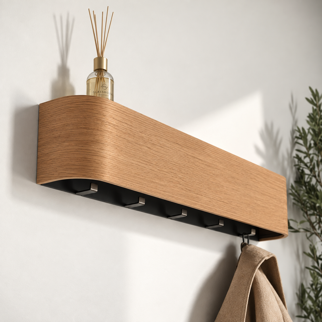Concealed Hook Coat Rack with Shelf, full product angle view