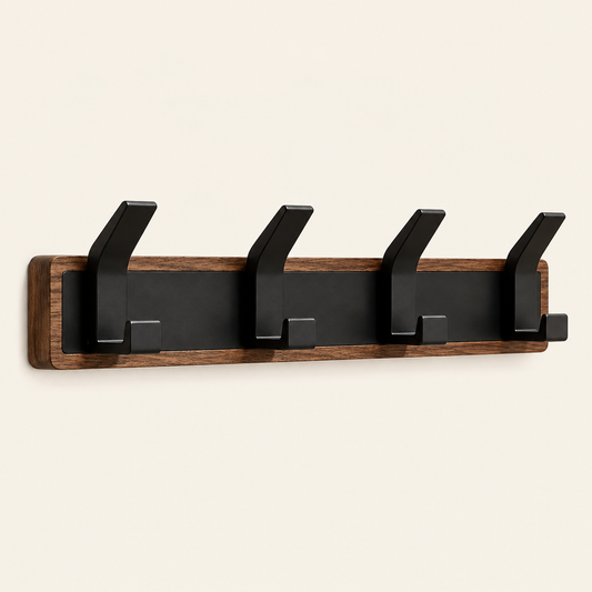 Whare Dual Hook coat rack in walnut and beech, four angled black hooks mounted on a wall — Wood Store NZ