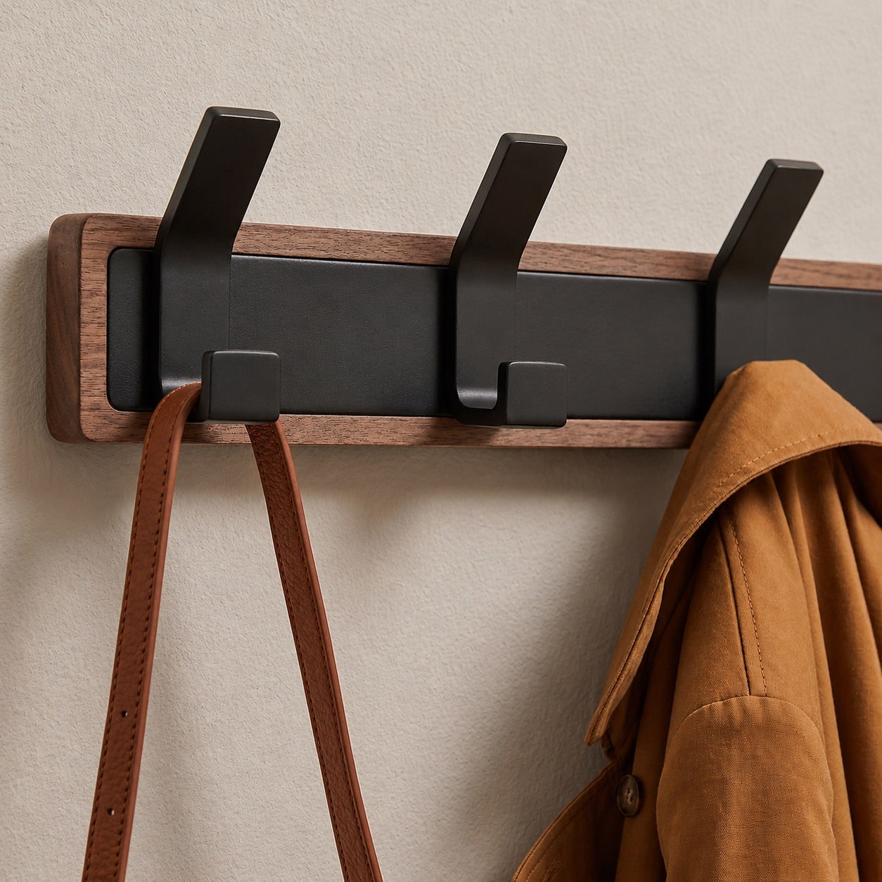 Whare Dual Hook — wall-mounted solid timber coat hook with matte black hardware — Wood Store NZ