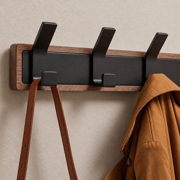Whare Dual Hook — wall-mounted solid timber coat hook with matte black hardware — Wood Store NZ