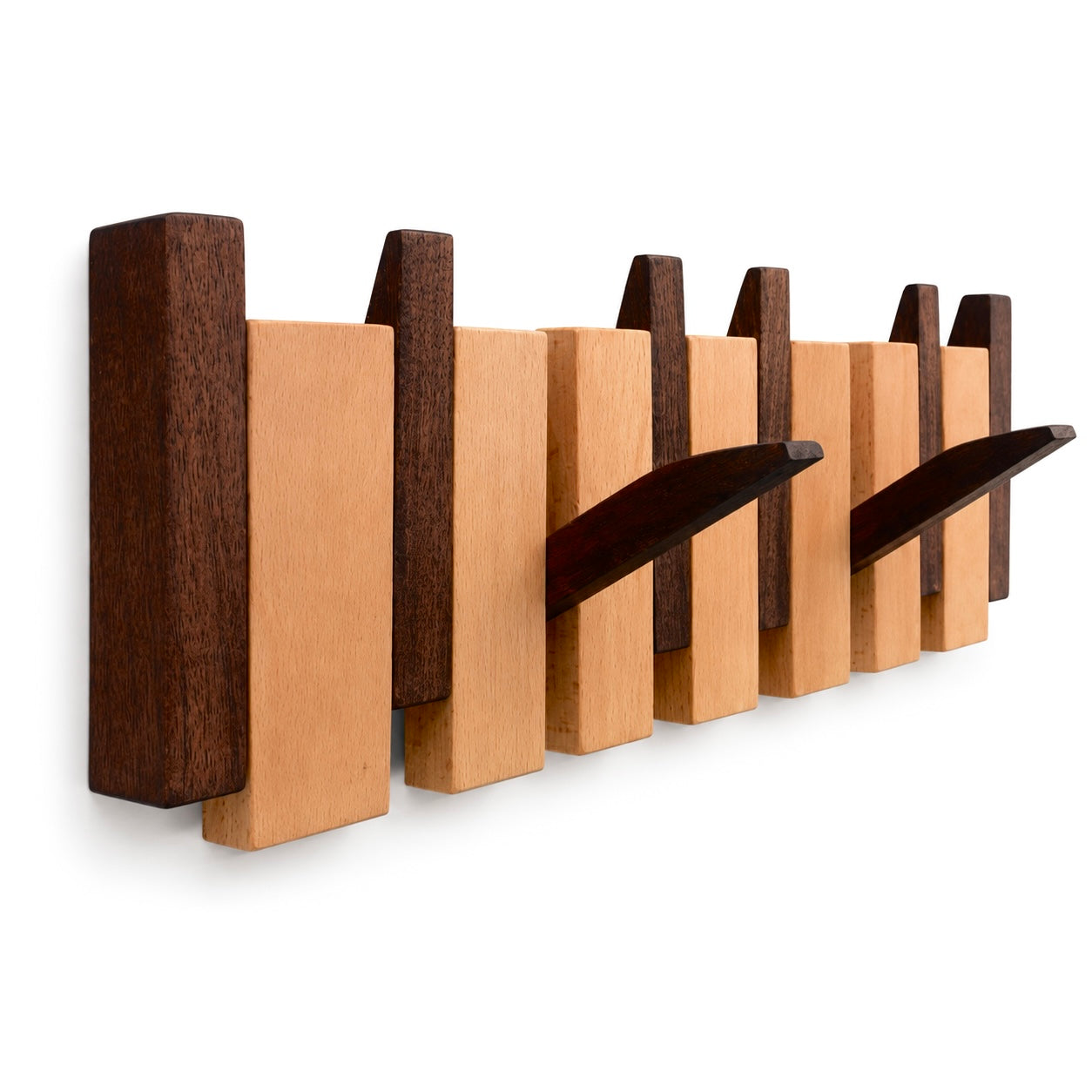 Walnut and beech Piano Hook rack seen from an angle with two hooks folded down. Wood Store NZ