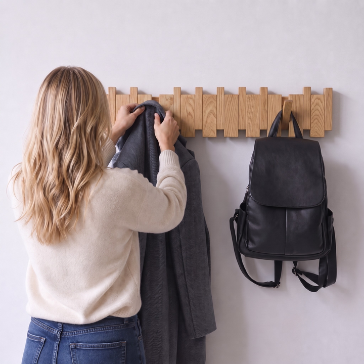 The Piano Hook folding walnut coat rack, view 2 — Wood Store NZ