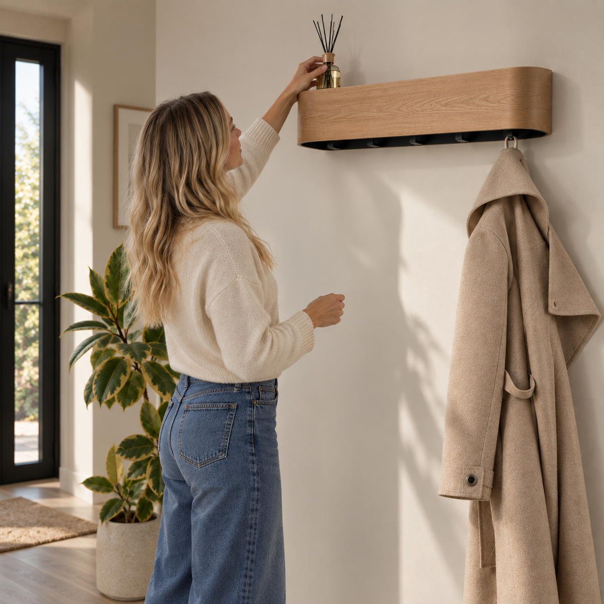 Concealed Hook Wall Coat Rack with Shelf in natural oak installed in an entryway, a woman reaching up to the shelf with a coat already hanging below — Wood Store NZ