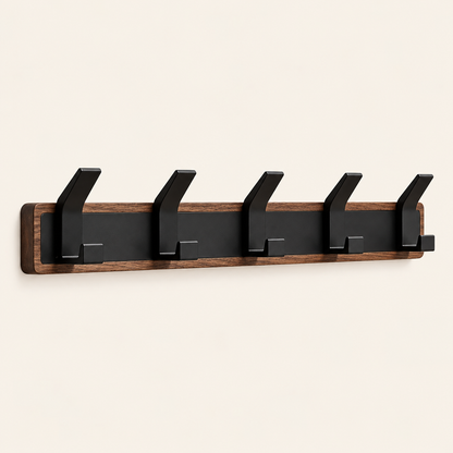 Whare Dual Hook coat rack in walnut and beech, five angled black hooks mounted on a wall — Wood Store NZ