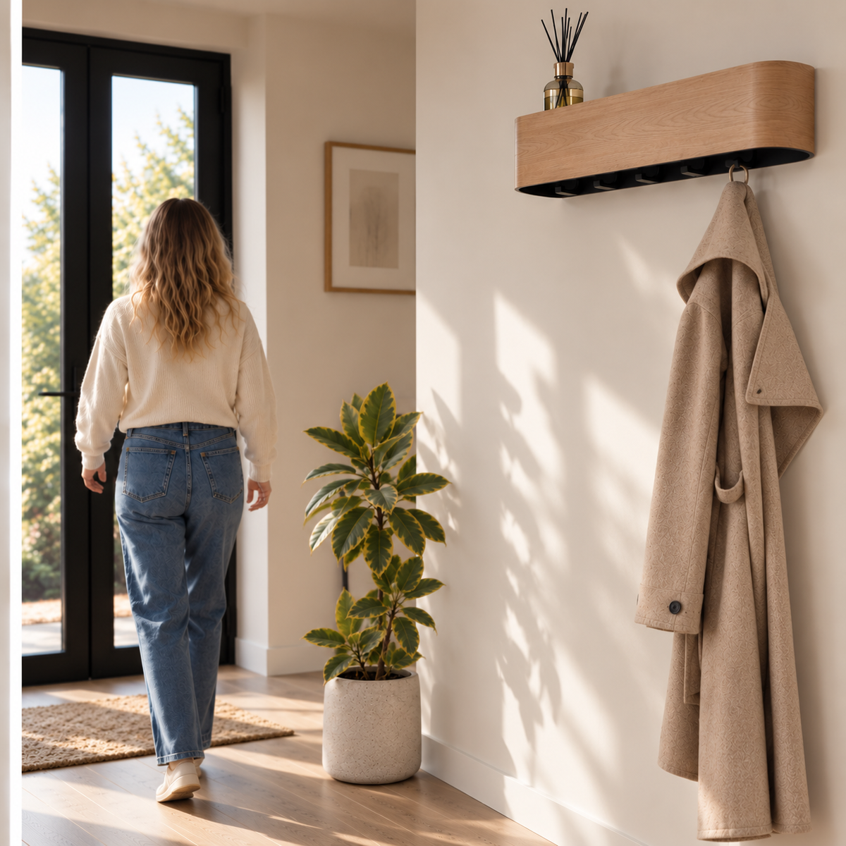 Concealed Hook Wall Coat Rack with Shelf in natural oak in a bright entryway, a coat hanging below the shelf as a woman heads out the front door — Wood Store NZ