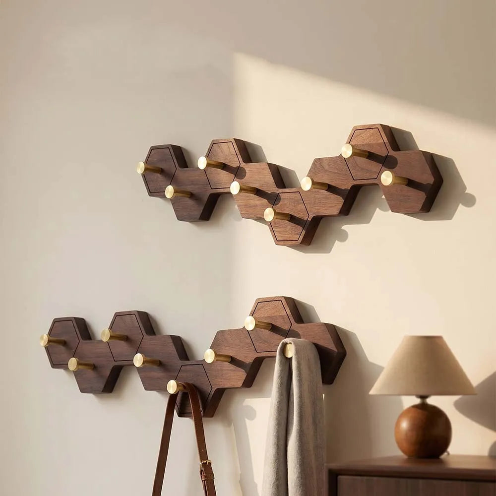 Honeycomb wall hook rack in walnut with brass hooks