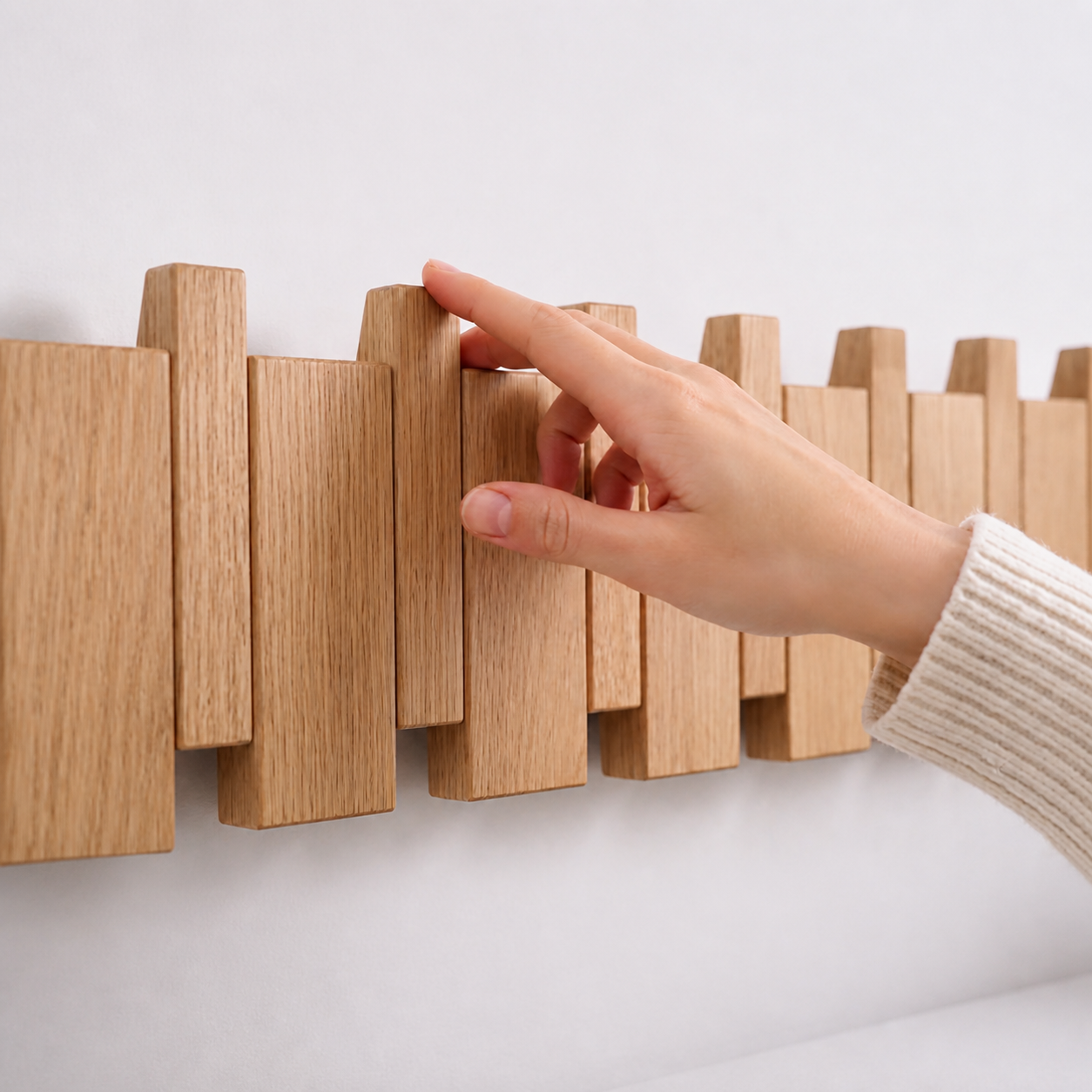 A hand pushing down one hook on a beech Piano Hook rack to fold it out. Wood Store NZ