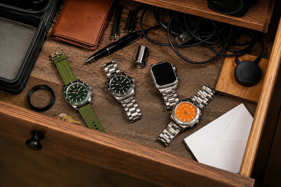 Watches lying loose and tangled in a drawer