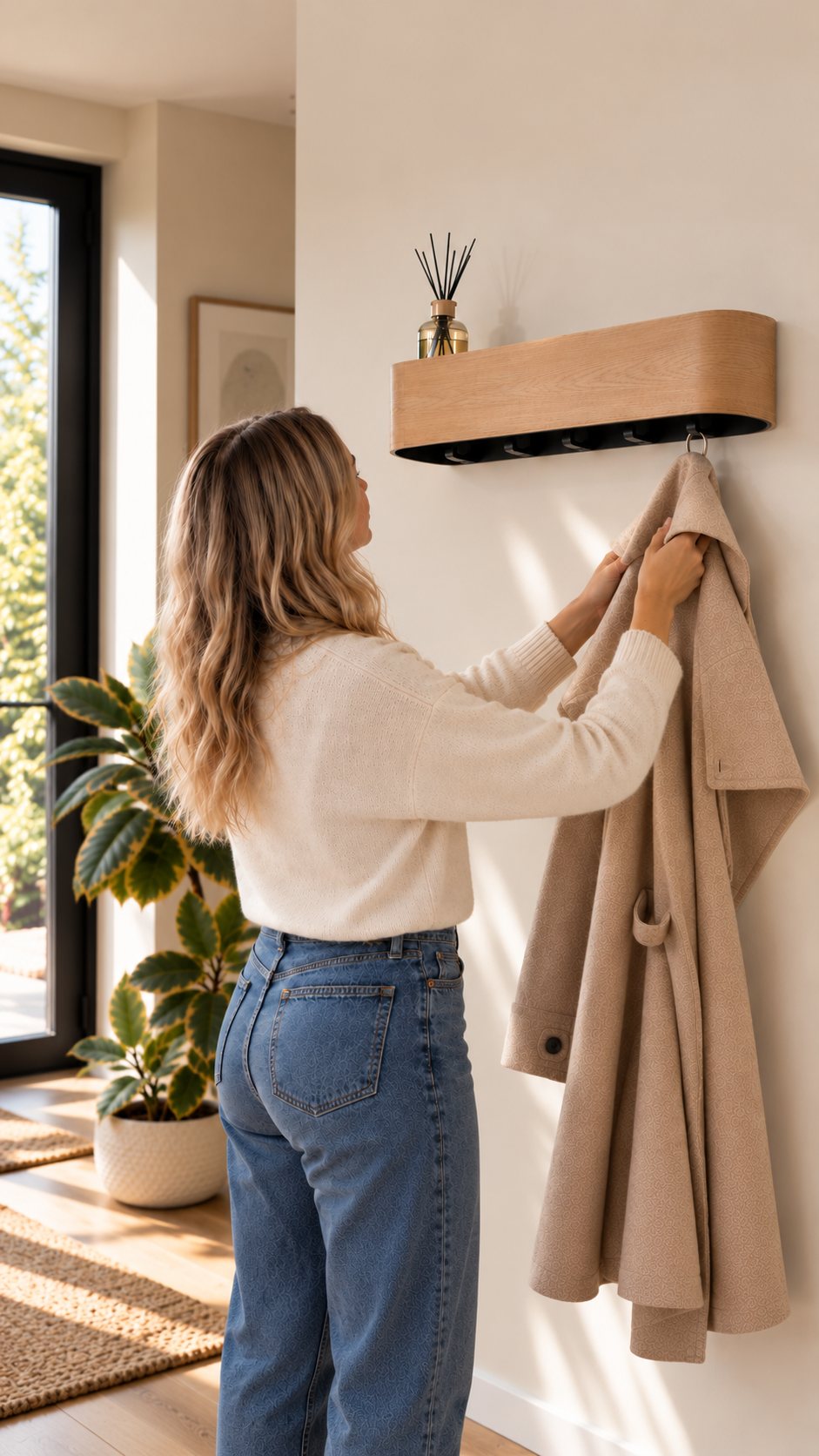 Woman hanging a wool coat on the concealed hooks beneath an oak wall shelf, shown upright for mobile
