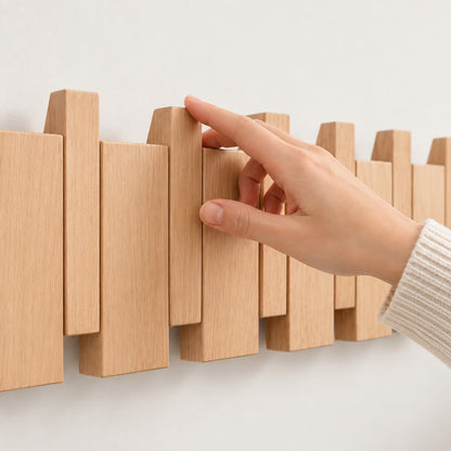 The Piano Hook in Natural Beech, solid timber folding wall hooks, Wood Store NZ