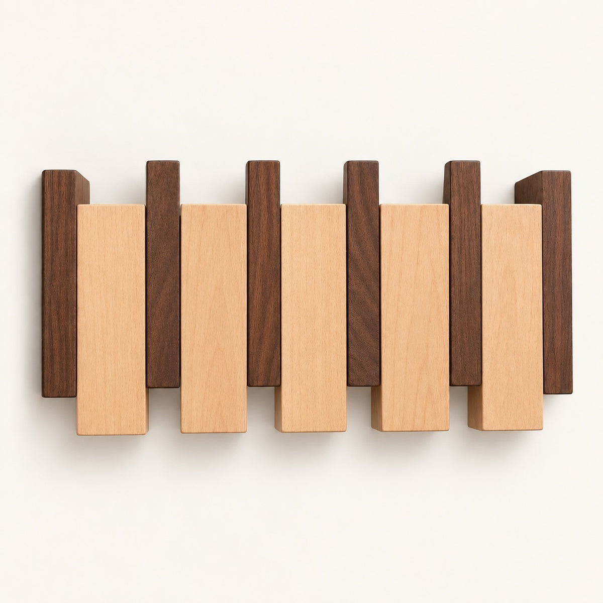 The Piano Hook in Walnut & Beech Mix, 4 hooks, folded flat and shown from the front — Wood Store NZ