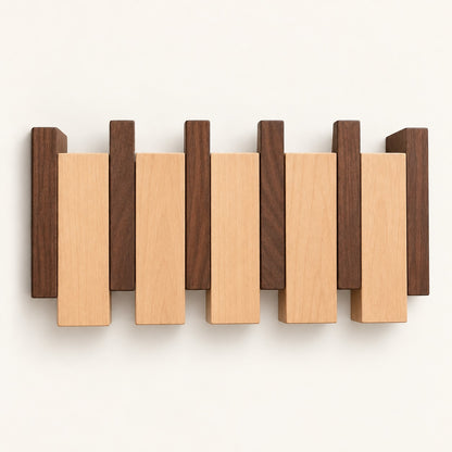 The Piano Hook in Walnut & Beech Mix, 4 hooks, folded flat and shown from the front — Wood Store NZ